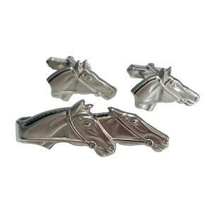 Vintage Swank Horse Cufflinks & Tie Clip Set Race Horses Three Piece Silver Tone